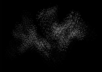 Magic shining dust isolated on black background. Backdrop with splatters of sand. Sugar or salt powder. White flour splash. Snow effect for Christmas. Falling small particles.