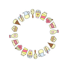 Cute round frame with doodle dairy products and desserts isolated on white background.