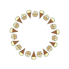 Cute round frame with doodle ice cream balls and cones isolated on white background.