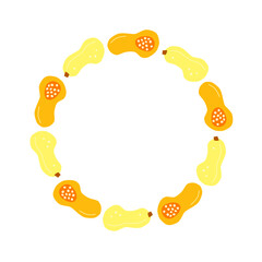 Round wreath with cute flat butternut squash isolated on white background. Seasonal autumn circle frame.