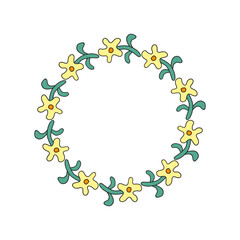 Cute circle wreath with doodle groovy daisy flowers isolated on white background.
