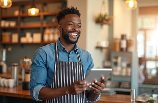 Smiling african american man barista in apron holds tablet at cafe counter. Happy black waiter works in coffee shop taking online order. Successful male entrepreneur manages small business startup