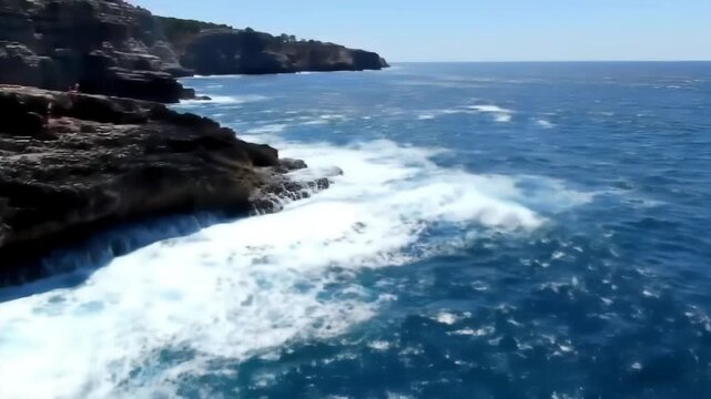 Aerial View of Ocean Waves Crashing Against Rocky Cliffs Under Clear Blue Sky