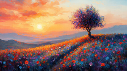 Fototapeta premium Oil painting of colorful tuscany flower field. Landscape painting on canvas. Heavy brushstrokes.