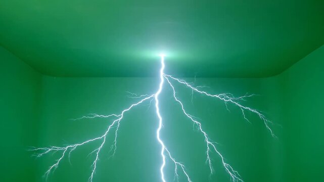 Lightning bolt emerging from ceiling in green screen room. Electric burst effect building intensity. VFX footage for chromakey compositing and special effects simulation.