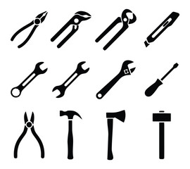 tools, hand tools, wrench, pliers, screwdriver, hammer, axe, cutter, utility knife, construction, repair, diy, equipment, metal, object, icon, symbol, graphic, illustration, black and white, isolated,
