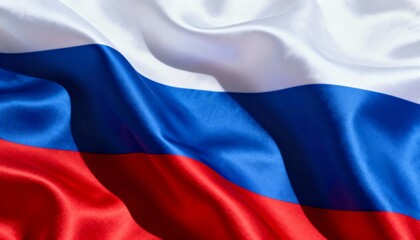 Fototapeta premium The national flag of the Russian Federation waving. Close-up of the white, blue, and red tricolor on shiny silk fabric