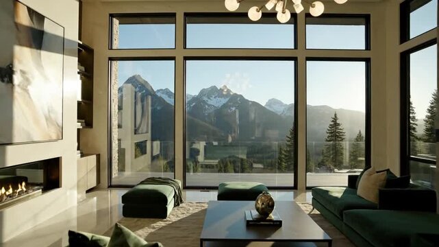 Modern living room interior with panoramic mountain view and contemporary decor daytime setting