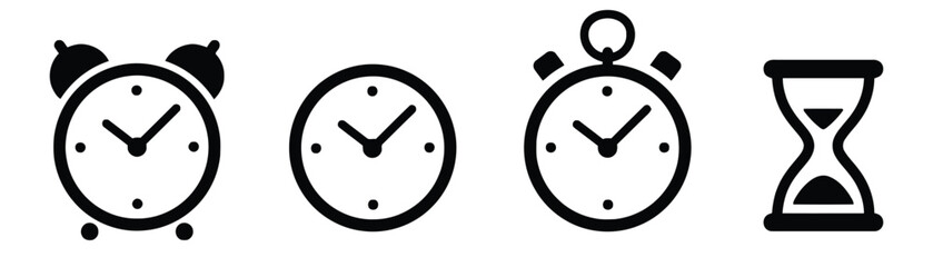 clock, time, alarm, stopwatch, hourglass, icon, symbol, set, collection, timer, schedule, deadline, punctuality, measurement, graphic, design, silhouette, simple, clean, modern, analog, digital, vinta