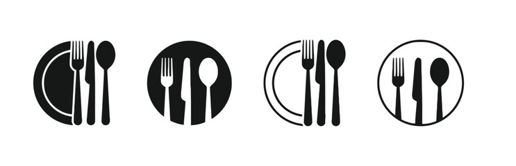 cutlery, plate, fork, knife, spoon, dining, eating, food, restaurant, icon, symbol, set, collection, meal, dinner, lunch, breakfast, service, kitchen, graphic, design, silhouette, simple, clean, moder