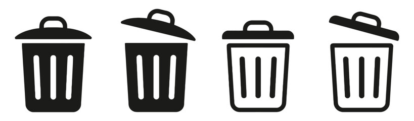 trash can, bin, garbage, waste, container, recycle, delete, remove, icon, symbol, set, collection, closed, open, lid, handle, design, graphic, clean, disposal, rubbish, refuse, sanitary, hygiene, digi