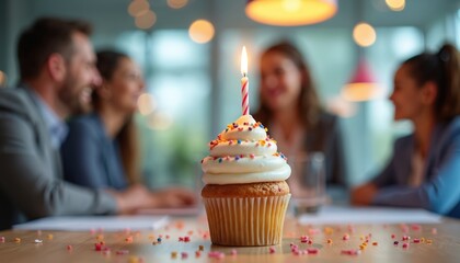 Birthday cupcake with lit candle on wooden table. Colorful sprinkles scattered. Blurred business co-workers celebrate, sharing happy moment in modern office workplace environment, showing work