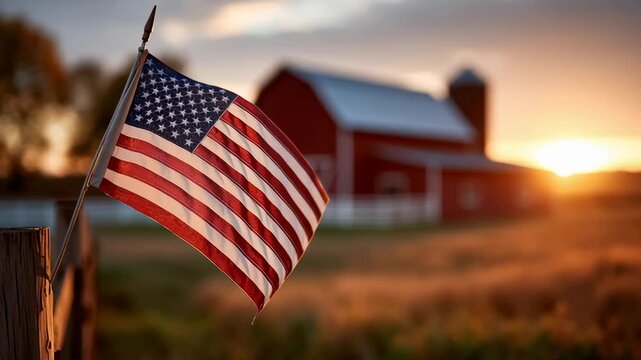 A red barn with a flag on a pole in front of it.