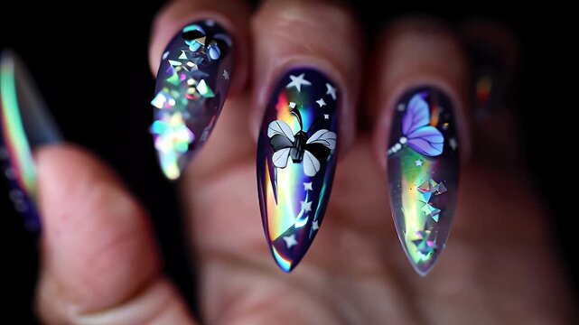 Elaborate Galaxy-Themed Nail Art with Stars and Metallic Accents on Long Pointed Nails