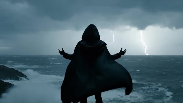 Man in hooded cape with arms outstretched performing pagan ritual by stormy sea as lightning strikes, nature magic concept, video.
