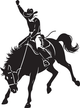 Cowboy riding a bucking bronco horse at a rodeo competition, silhouette vector illustration of western sports competition logo icon.