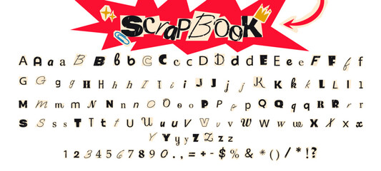 Fototapeta na wymiar Collage font, cut out anonymous letters, ransom note style alphabet collection, numbers, punctuation marks. Grunge clipping funky elements for scrapbook. Vector illustration on transparent background