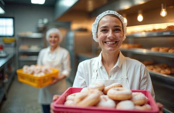 Happy bakers carry fresh donuts in boxes inside a bakery. Smiling women in uniform work together in pastry production. Doughnuts are ready for sale. - Powered by Adobe