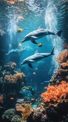 Two dolphins swimming in a tank with fish