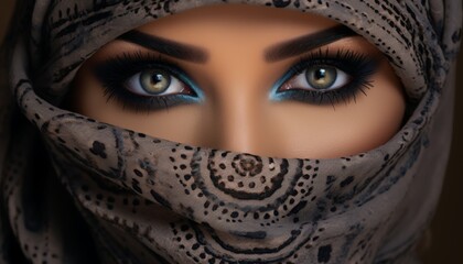 Naklejka premium Captivating eyes of a woman with a beautifully decorated headscarf showcasing intricate patterns and vibrant makeup artistry