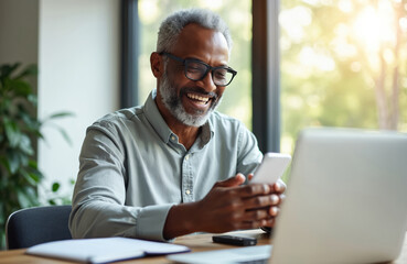 Fototapeta premium Happy senior man using phone at desk with laptop. He smiles while looking at his smartphone screen, with natural light illuminating the scene indoors.