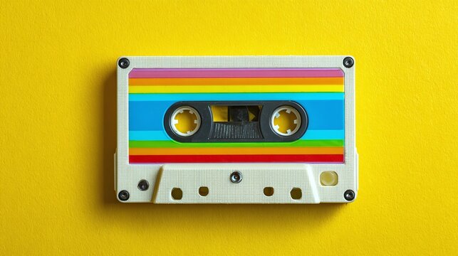 Retro cassette tape on yellow, a colorful symbol of analog music, nostalgia, and vintage technology. A throwback to the sounds of yesteryear.