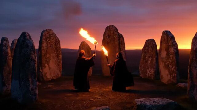 Two people in cloaks holding torches at sunset within a stone circle, performing an ancient pagan ritual, spiritual footage.
