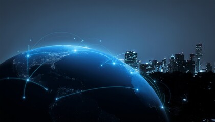Illuminated connections and global cityscape, symbolizing communication and technology 