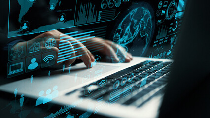 Close-up of hands typing on a laptop, surrounded by digital elements representing communication and network interfaces, showcasing the integration of modern technology in daily tasks. Cipher