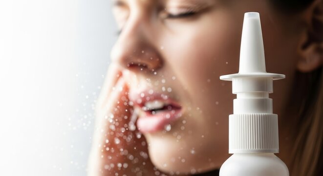 Woman using nasal spray for relief from sinus discomfort