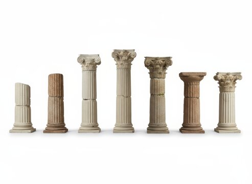 Assorted Architectural Columns: A Study in Ancient Design and Construction with Varying Styles and Materials.