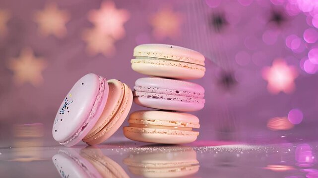 Elegant stack of pastel macarons resting on a reflective surface with dreamy pink bokeh