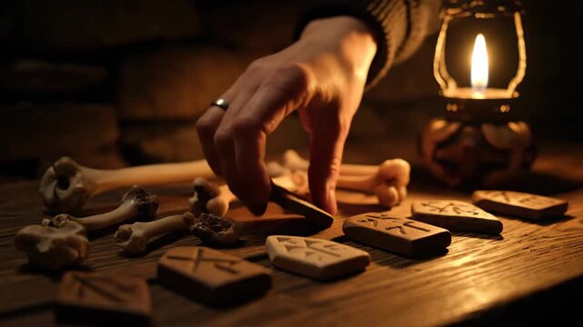 Man making a pagan ritual with bones, runic tiles, and a lit lantern on a rustic wooden table, dark footage