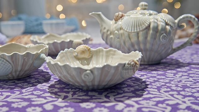 Elegant white ceramic shell-shaped bowls and teapot arranged on a purple patterned tablecloth in soft garden light
