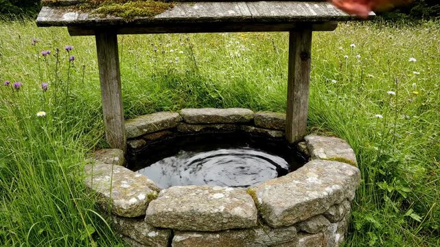 Woman's hand making a wish by dropping a coin tied with a red string into an old stone well in nature, pagan ritual footage.