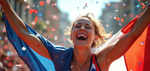 Female athlete celebrates winning a race waving French flag. Joyful runner smiles widely in excitement. Victory celebration confetti fills air. Athlete sports success happy moment.