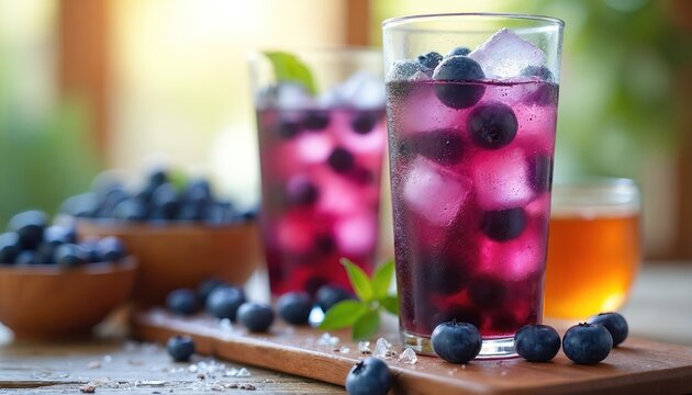 Refreshing blueberry iced tea in glasses with ice. Berries in wooden bowls. Beverage served on wooden board. Healthy food concept. Summer drink with sweet taste and aroma for wellness.