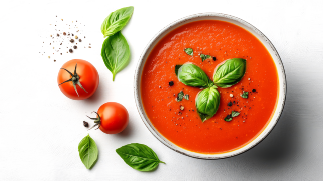  tomato soup with basil in a bowl on a transparent background
