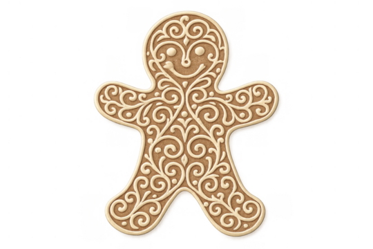 Gingerbread man cookie with ornate white icing decoration, festive holiday treat, isolated transparent background