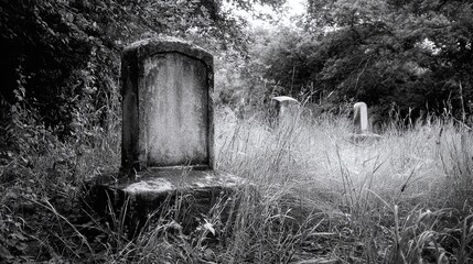A grayscale image captures a solemn moment in an old cemetery, featuring weathered tombstones amidst overgrown grass, evokes the passage of time and the quiet serenity of remembrance.
