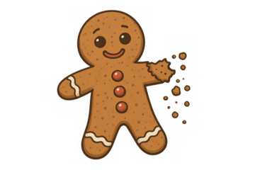 Gingerbread man cookie with a bite taken out, crumbling, depicting a sweet holiday treat illustration