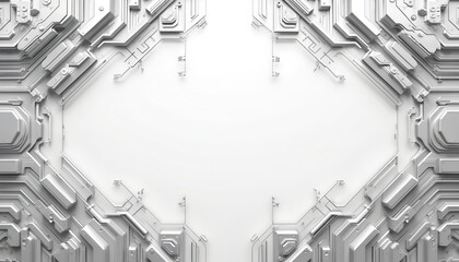 White futuristic tech background with abstract geometric frame. Hi-tech motherboard design with complex parts. Digital sci-fi circuit board spaceship surface with copy space. Clean engineering