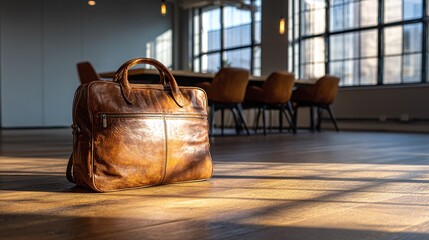 A brown leather bag sits on a wooden floor, bathed in soft sunlight, creating a sense of anticipation for a business meeting or travel ahead. Modern interior, natural light.