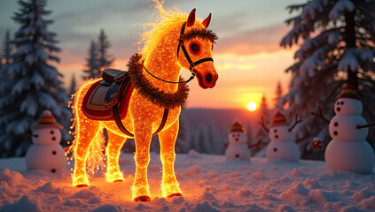 Naklejka premium A luminous golden horse with festive trappings stands between snowmen in a snowy forest against a vibrant sunset, symbolizing magical Christmas holidays.