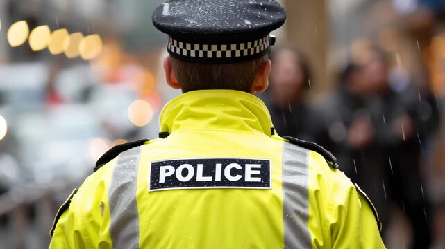 A police officer in a yellow jacket stands in front of a crowd. The officer is wearing a hat