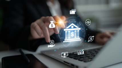 Concept of digital banking and global financial services. A network of secure online transactions, currency exchange, and money management for the international economy. Fermion