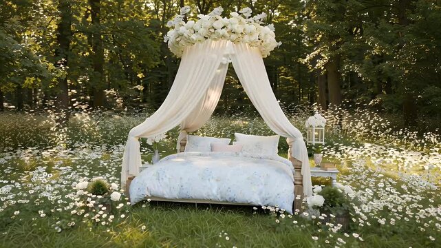 Dreamy White Four-Poster Canopy Bed Standing Amid a Sunlit Field of Daisies