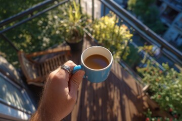 Man's Hand Holding Blue Mug Filled with Morning Coffee on Balcony Overlooking Trees and Building
