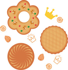 Vector illustration of traditional Galette des Rois cakes with crown, almond, and festive sweets. Perfect for Epiphany celebration, bakery design, packaging, and holiday decoration projects.