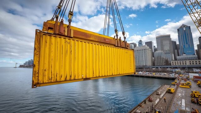 A large yellow container is being lifted by a crane over a body of water. The scene is bustling with activity, with several trucks and cranes in the background. Scene is one of busyness
